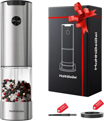 Molinillo eléctrico de sal y pimienta con una sola mano, grosor ajustable, rebabas de cerámica con cuerpo de acero inoxidable, molinos de pimienta