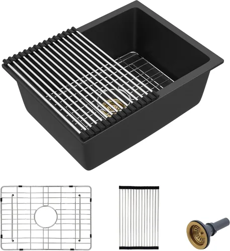 Miniatura 31 de Fregadero de preparación de barra de montaje inferior de 12 x 16 pulgadas, color negro mate, compuesto de cuarzo, clásico bajo encimera, lavabo
