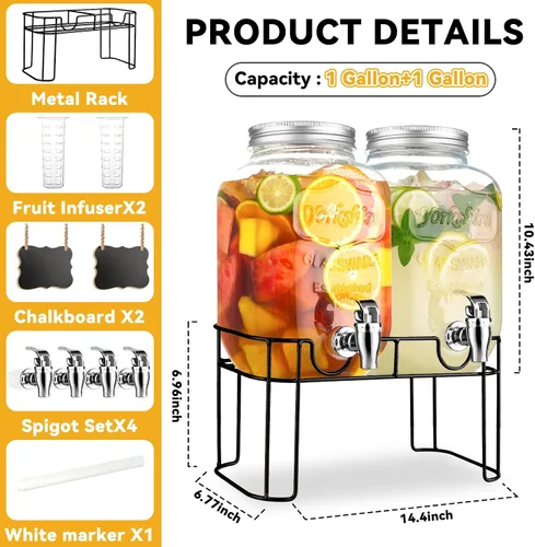 Miniatura 2 de Dispensadores de bebidas de vidrio de 1 galón para fiestas, dispensador de bebidas de limonada con soporte y grifo para barbacoa, picnic, fiesta