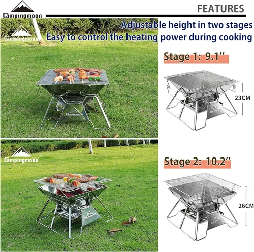 Miniatura 4 de CAMPINGMOON Hoguera Portátil de Acero Inoxidable Plegable para Fogata, Parrilla de Leña y Carbón para Estufa de Camping, Cocina al Aire Libre