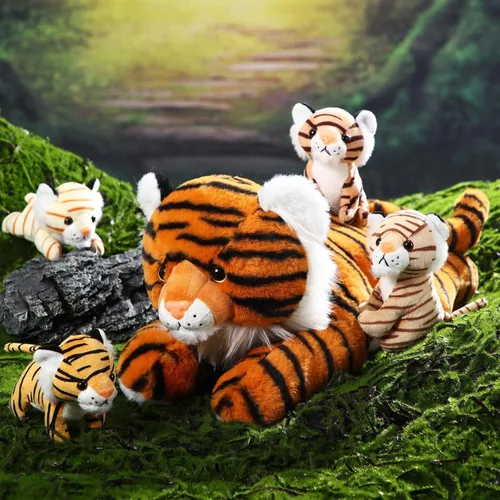 Miniatura 5 de Threan - Juego de 5 juguetes de peluche de tigre, de 16 pulgadas, mamá tigre con 4 cachorros en vientre con cremallera, peluches de regreso a