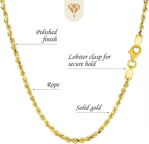Miniatura 3 de 10K SOLID Yellow Gold 225mm thick Shiny Diamond-Cut Solid Rope Chain Necklace for Pendants and Charms with Lobster-Claw Clasp Mens and womens Rope