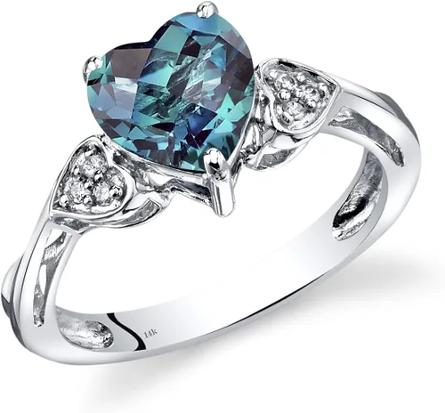 Peora Anillo de corazón de alejandrita y diamante genuino creado para mujer, oro blanco de 14 quilates, cambio de color, 2.25 quilates, forma de