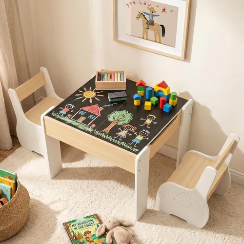 Miniatura 2 de INFANS Juego de mesa y silla para niños 3 en 1, mesa multiactividad de madera con almacenamiento removible en la parte superior, pizarra desmontable