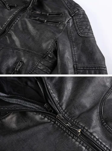 Miniatura 5 de MANSDOUR Chaqueta de piel sintética para hombre, color negro cálido, chaqueta bomber para motocicleta con capucha extraíble