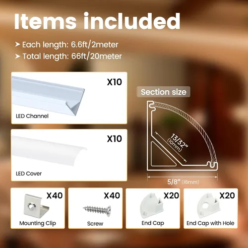 Miniatura 2 de Muzata Paquete de 10 canales LED en forma de V de 6.6 pies/6.6 ft con canal LED de aluminio plateado con cubierta blanca lechosa iluminación
