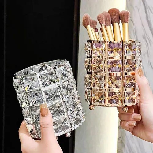 Miniatura 9 de Organizador de brochas de maquillaje de cristal dorado para cosméticos, brochas de peine, estuche de almacenamiento para lápices de cejas, dorado