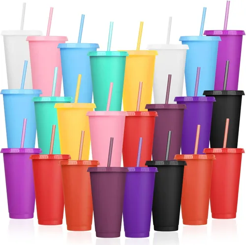 Miniatura 24 de Paquete de 24 vasos de plástico con tapas y popotes, vasos reutilizables con tapas y popotes, vasos coloridos para bebidas frías y café helado
