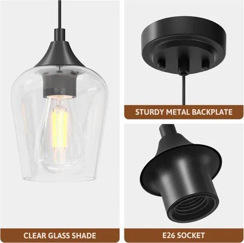 Miniatura 4 de VONLUCE Lámpara colgante para isla de cocina, lámpara colgante negra mate con base E26 y cable ajustable, iluminación colgante moderna con pantalla