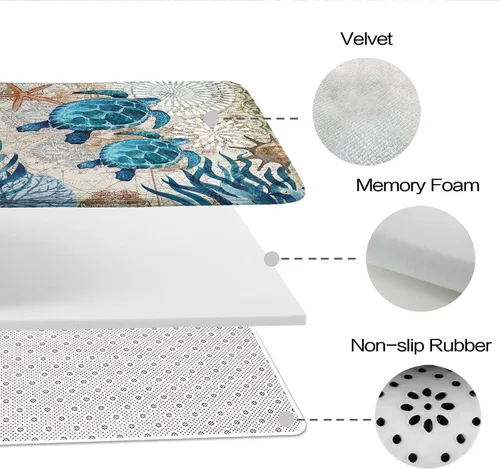 Miniatura 6 de Alfombra de baño de terciopelo coral con diseño náutico de tortugas marinas, animales de playa, tapete de ducha antideslizante para baño de océano