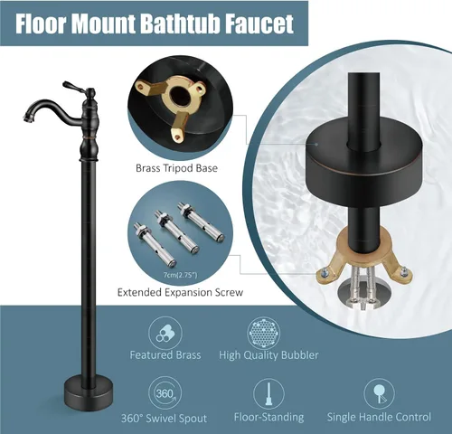 Miniatura 6 de Aolemi Grifo de bañera independiente de bronce aceitado con boquilla giratoria de una sola palanca montada en el piso Llenadora de bañera de una