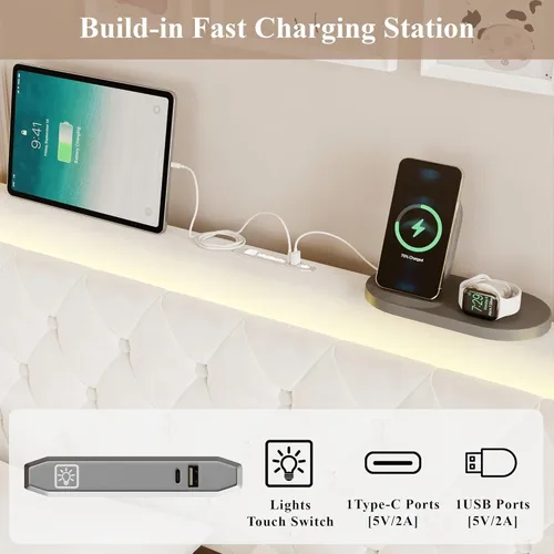 Miniatura 5 de Base de cama tamaño matrimonial con cabecera capitoné con botones, base de cama tapizada con luces LED, estación de carga, almacenamiento