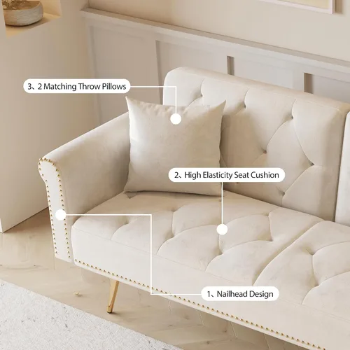 Miniatura 4 de Sofá cama tapizado de terciopelo, sofá cama convertible con dos almohadas para sala de estar, dormitorio, oficina en casa (beige)