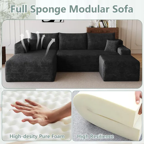Miniatura 5 de Sofá modular de 95 pulgadas con otomana, moderno sofá nube de pana con asiento profundo, sofá sin hueso tapizado de 3 plazas en forma de U para sala