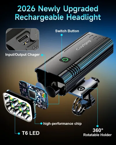 Miniatura 7 de 2026 Upgrade 6800Lumen Bike Light for Night Riding,Super Bright 6 LED Headlight,Aluminum 10 Mode Rechargeable Bicycle Light Front and Negro