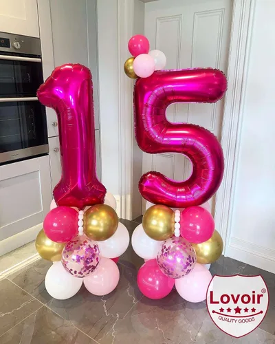 Miniatura 3 de Lovoir Globo rosa intenso de 40 pulgadas con el número 51 de 15 dígitos gigantes de papel de aluminio de Mylar para helio de 15º cumpleaños y 51