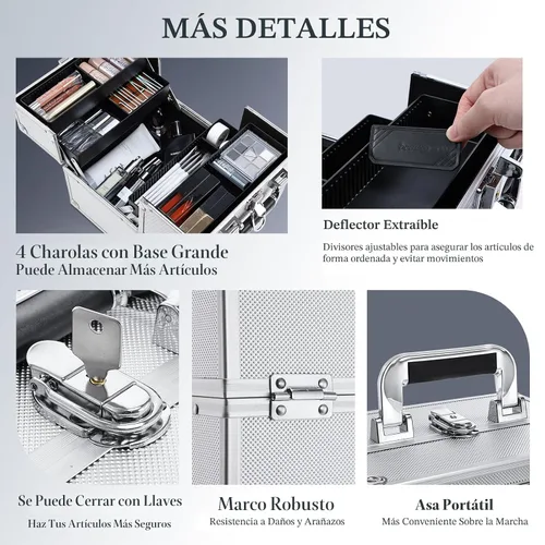 Miniatura 4 de FRENESSA Estuche de Tren para Maquillaje, Caja Organizadora de Cosméticos Portátil con Candado, Estuche de Viaje para Maquillaje con 4 Bandejas