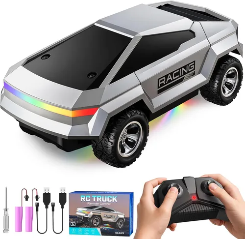 WayEee Auto de control remoto 1/24 Cyber RC Truck, autos RC para niños con luces coloridas, control remoto de 2.4GHz, 2 baterías recargables, 18KM/H
