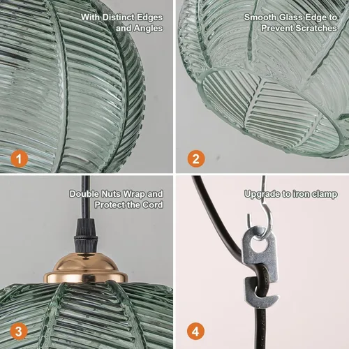 Miniatura 5 de Lámparas colgantes de esquina vintage para sala de estar, lámpara colgante de vidrio acanalado ámbar con cable enchufable, lámpara colgante bohemia