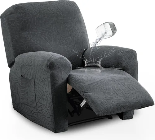 Miniatura 26 de vctops Funda repelente al agua para silla reclinable de 4 piezas con bolsillo lateral, diseño de hojas de jacquard, elástica, suave, protector