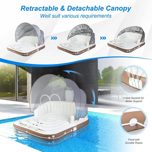 Miniatura 4 de Goplus Isla de toldo inflable, flotador de piscina de bronceado de 73 pulgadas con toldo retráctil y extraíble, SPF50+, 3 almohadas cómodas, carga