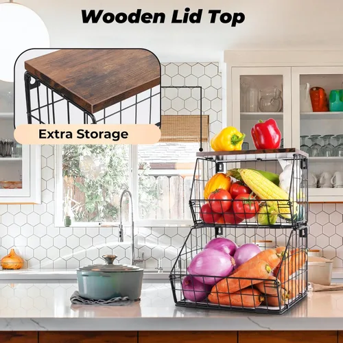 Miniatura 2 de Wawocs Cesta Colgante Apilable de 2 Niveles Montada en Pared, Cesta de Frutas para Encimera de Cocina, Contenedor de Almacenamiento con Tapa de Tapa