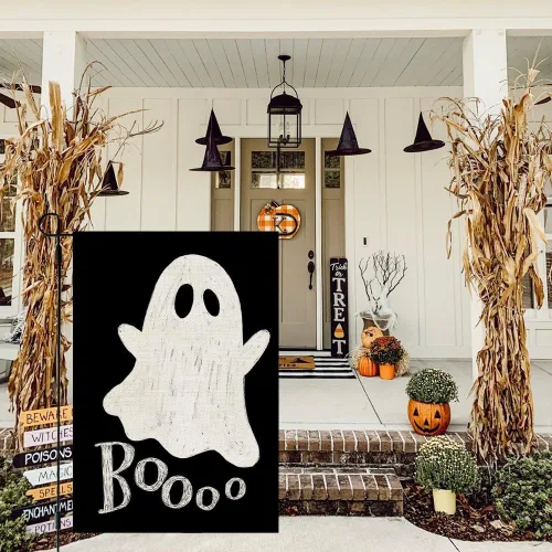 Miniatura 3 de CROWNED BEAUTY Bandera de jardín de fantasmas de Halloween de 12 x 18 pulgadas, arpillera pequeña de doble cara para decoración de patio exterior
