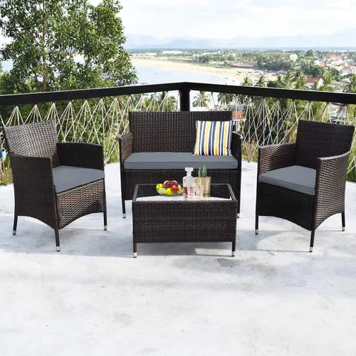 Miniatura 5 de Juego de sofá de patio de 4 piezas, juego de conversación de mimbre con respaldo ergonómico curvo, juego de muebles de ratán para patio con cojín