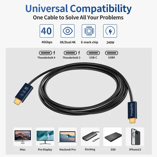 Miniatura 2 de Cable USB C macho a macho de 1.64 pies, compatible con Thunderbolt 4/3, USB4/3, soporta carga rápida de 240 W (48 V/5 A máximo), transferencia