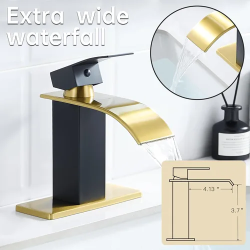 Miniatura 3 de FRANSITON Grifo de baño con cascada de una sola manija de 1 o 3 agujeros, grifo de lavabo con cubierta y drenaje desplegable (negro y dorado, corto)