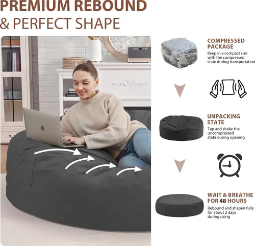 Miniatura 353 de Puf de 5 pies, puf grande con relleno de espuma viscoelástica, sofá puff esponjoso con funda de terciopelo holandés, puf redondo para sala de estar
