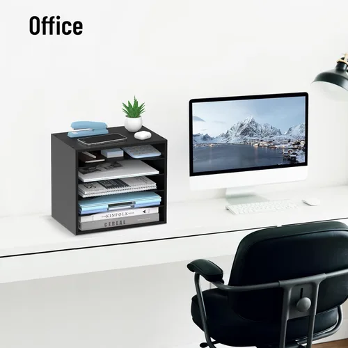 Miniatura 9 de Organizador de escritorio de madera de 5 niveles, organizador de bandeja de papel para escritorio con estantes de almacenamiento ajustables, Negro