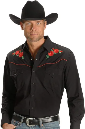 Miniatura 5 de ELY CATTLEMAN Camisa occidental de manga larga para hombre con bordado de rosas