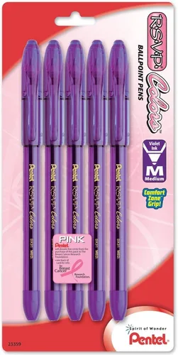 Pentel R.S.V.P. Colors - Bolígrafo de 0.039 in, línea media, tinta violeta, paquete de 5 (BK91CRBP5V), color negro