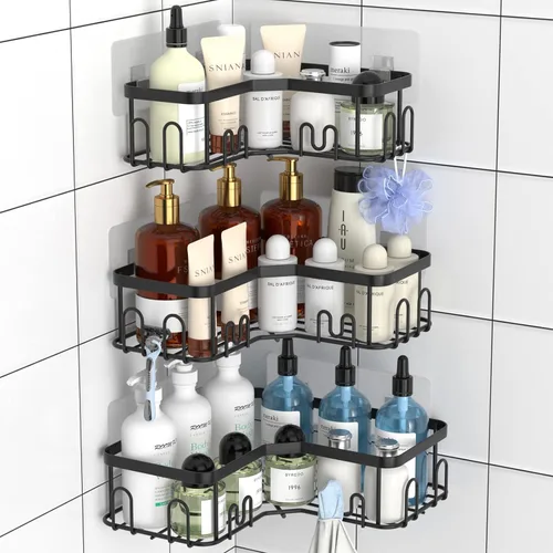 Miniatura 10 de Menbyci Organizador de ducha negro esquinero para baño, accesorios organizadores de baño a prueba de óxido, cesta de ducha adhesiva, estante