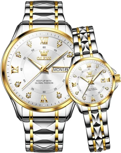 Miniatura 16 de OLEVS Reloj para parejas para él y ella, reloj analógico de cuarzo para hombres y mujeres, de acero inoxidable, impermeable, luminoso, fecha, reloj