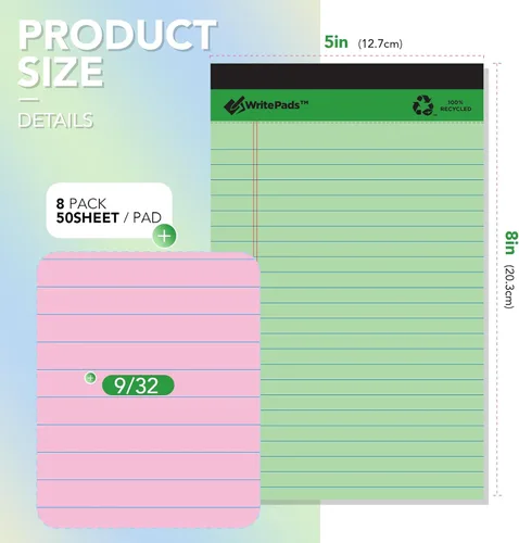 Miniatura 3 de KAISA KSU-6887 - Bloc de notas de tamaño legal de 15 libras, con hojas recicladas de color, 50 hojas con renglones, de 5 x 8 pulgadas, 8 blocs