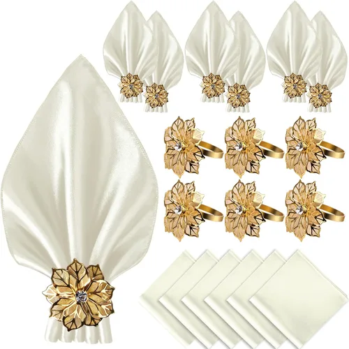 Miniatura 12 de VIJIV Juego de 12 servilletas de tela y juego de 6 anillos para servilletas dorados, 17x17 servilletas de cena de satén cuadradas con flores