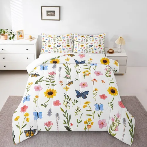 Miniatura 14 de Manfei Juego de Edredón Floral de Acuarela Tamaño Twin, Juego de Ropa de Cama de Flores Botánicas y Hojas 2 piezas, Edredón de Plumón de Flores