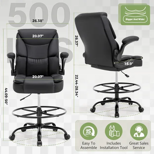 Miniatura 2 de Silla de Dibujo de 500 LBS, Silla de Escritorio de Pie Más Segura con Respaldo Alto, Silla de Oficina Alta Ejecutiva con Reposabrazos Abatibles