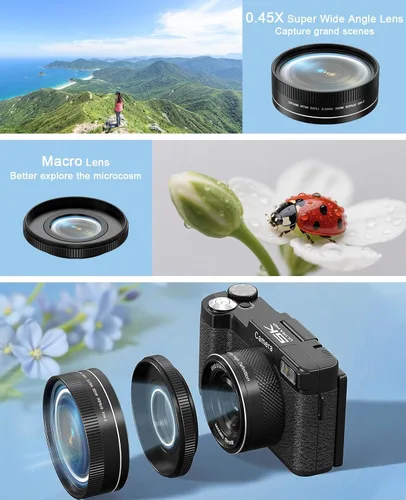Miniatura 12 de FLATIC Cámara digital con WiFi, cámaras 5K 64MP para fotografía con pantalla giratoria de 180° para YouTube, cámara de videoblogs con enfoque
