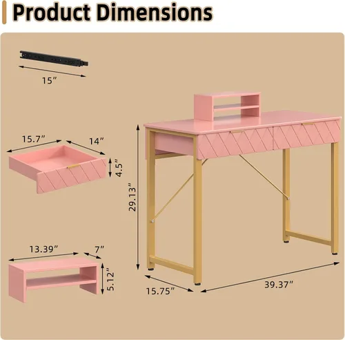 Miniatura 3 de WESTREE Mesa de Tocador con 2 Cajones y Estante de Almacenamiento, Mesa de Maquillaje Moderna con Escritorio Brillante, Escritorio de Marco Dorado