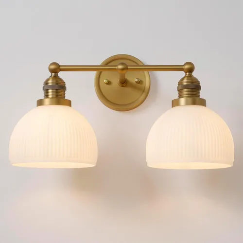 Apliques de Pared Dorados de 2 Luces, Aplique de Pared Vintage para Baño con Vidrio Esmerilado de Doble Brazo de Latón, Luz de Tocador para Baño,