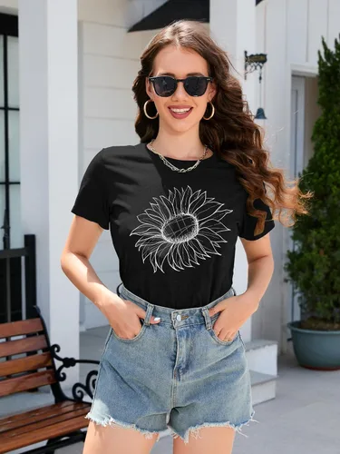 Miniatura 7 de DEARCASE Camiseta de otoño para mujer, diseño de girasol, holgada, cuello redondo, manga corta, informal, para mujer