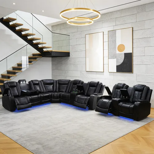 Miniatura 8 de Juego de sofá modular reclinable eléctrico para sala de estar, juego de sofá reclinable de cuero con luces LED / almacenamiento oculto, sofá