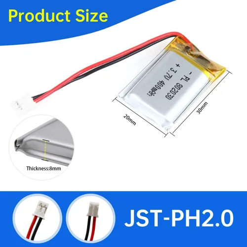 Miniatura 3 de 802030 Batería Lipo de 3.7V 400mAh 802030 Juego de Batería de Polímero de Litio Recargable con Conector JST PH2.0mm para Dispositivo Electrónico