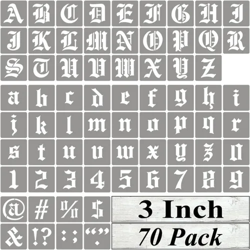 Miniatura 11 de Plantillas de letras del alfabeto de 1 pulgada para pintar, paquete de 70 plantillas de letras en inglés antiguo con números y letreros para pintar