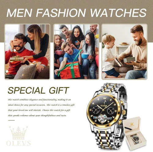 Miniatura 6 de OLEVS Relojes automáticos para hombre, impermeable, vestido de lujo, cuerda automática, esqueleto mecánico, tourbillon, fase lunar, acero