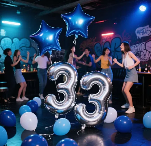 Miniatura 3 de Decoración de fiesta de cumpleaños número 33, color azul y plateado para hombres, pancarta de feliz cumpleaños número 33, globos de papel de 33rd