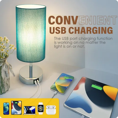 Miniatura 4 de Yarra-Decor Lámpara de mesa de noche, puerto USB, control táctil, madera, 3 modos, regulable, pantalla redonda de tela de jeans, para sala